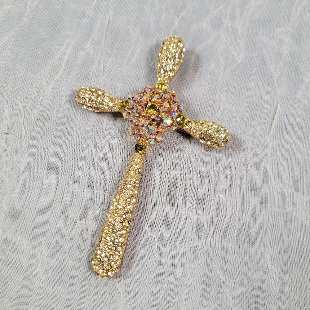 Cross Pendant Brooch Pin Iridescent Gold Tone AB Rhinestone Religious Jewelry